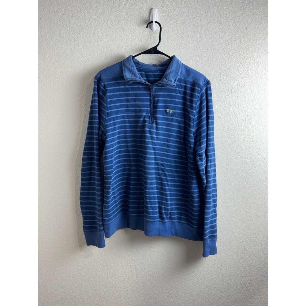 Vineyard Vines Men's Blue Striped Quarter Zip Pullover Cotton Blend Preppy